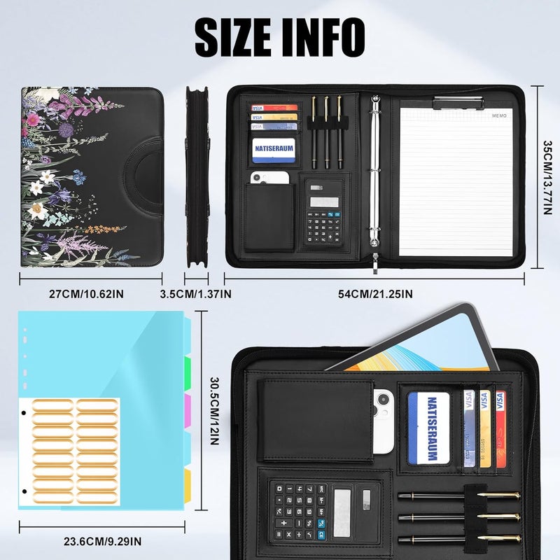 NATISERAUM Portfolio Binder 3 Ring Includes Pen and 5 Dividers with 10 Pockets, Padfolio Organizer with Zipper for Men and Women, Includes A4 Notepad for Business, School, Work - Image 4